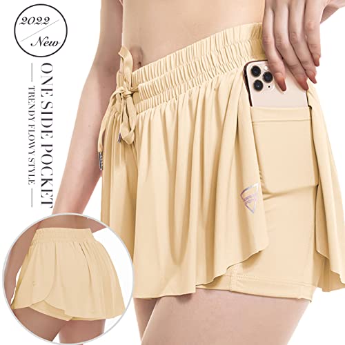 Shorts esportivo feminino 2 em 1 rodado com bolso borboleta para corrida, treino, suor, elastano, ac