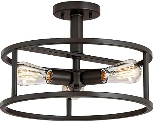Quoizel New Harbor Semi-Flush Mount Ceiling Light, 15 Inch 3-Light Western Bronze Drum Light, 100W, Open-Frame Fixture for Hallway, Kitchen, Bedroom, Dining, Living Room, Farmhouse or Office