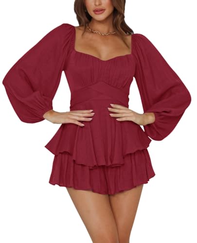 Image of LYANER Women's Jumpsuit Lantern Long Sleeve Ruffle Layer Tie Mini Short Romper