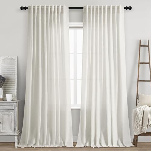 Image of Linen Curtains 84 inches Long for Bedroom Back Tab Light Filtering Privacy Sheer Cream Curtains Modern Farmhouse Coastal Decor Cream Cotton Textured Gauze Curtain 2 Panel Set 70x84