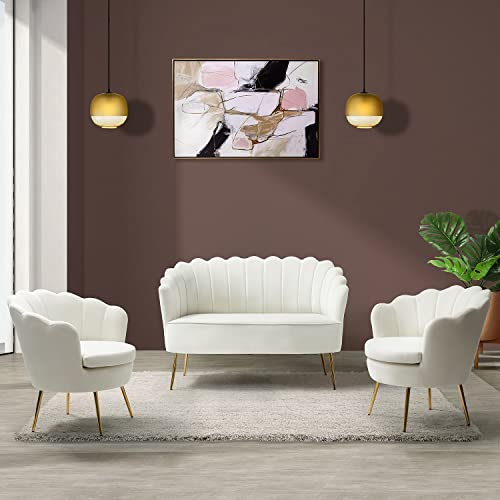 Image of HULALA HOME 3 Piece Velvet Living Room Furniture Set, Including Loveseat & 2 Sofa Chairs, Modern Comfy Upholstered 2-Seater Sofa & Accent Chair Set for Bedroom, Flower Shaped Back & Gold Legs, Ivory