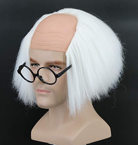 Yuehong Short White Old Men Wig Fluffy Bald Head Wig Synthetic Halloween Costumes Cosplay Wigs