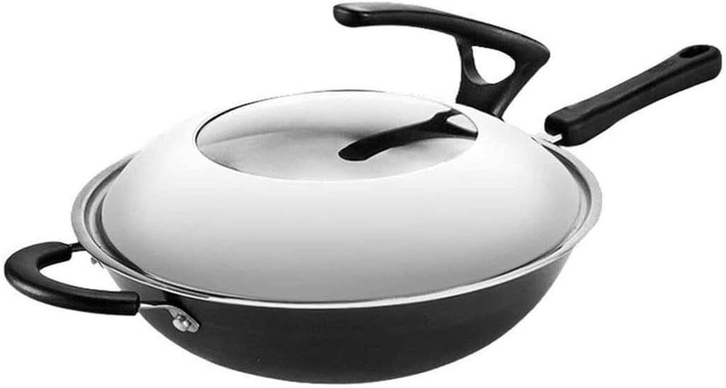 Wok Pan, Steel Wok, Nonstick Wok with Lid, 13,5“ Woks and Stir Fry Pans - Chinese Wok, Flat Bottom Wok - Cooking Utensils, Stir Fry Pan for Induction and Gas Stoves (Black)