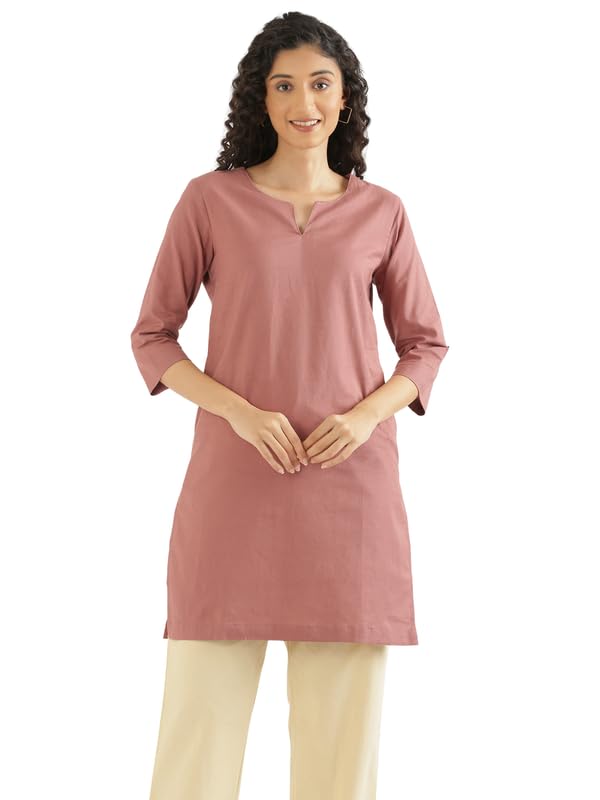 Image of SAADAA Airy Linen Mid Thigh Length Kurta for Women | Stylish Split Neck, 3 /4 Sleeves & Side Pockets | Comfortable Everyday Wear Kurta | Breathable Fabric |