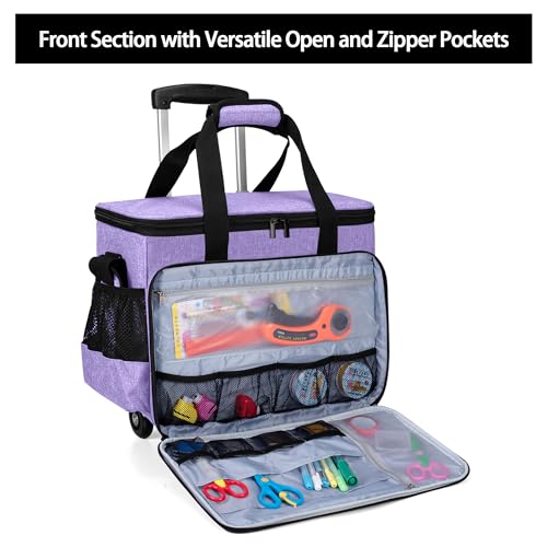 Yarwo Rolling Craft Bag on Wheels, Women Craft Scrapbook Tote Bag with Detachable Trolley and Extra Bottom Board for Teaching Crafts Supplies and Tools, Rolling Teacher Cart for Women, Purple - Thumbnail 3