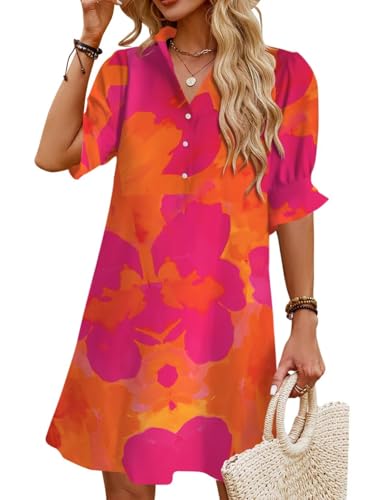 Image of Womens Summer Shirt Mini Dresses 2026 Beach | Flowy Shift Dress, Button V Neck, Polo Collar, Ruffle Short Sleeve, Floral Boho Style, Casual Vacation Outfits with Pockets
