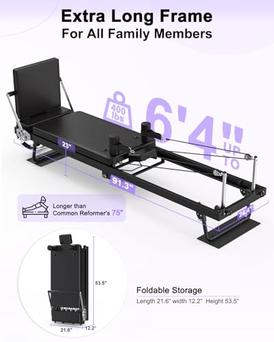 TRYSEN 91.3\" Foldable Pilates Reformer Machine with Jump Board & Dual Resistance – Adjustable Home Gym Equipment for Full-Body Workout, 400 lbs Capacity, Up to 6.4\' Height Friendly - Thumbnail 3