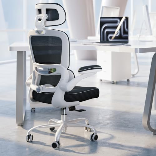 Image of TRALT Ergonomic Office Chair - Desk Chair with Adjustable Headrest Lumbar Support Computer Chair - Mesh Comfy Chair with Flip-up Armrests - Gaming Chairs for Adults Home Office (Leather, Black White)