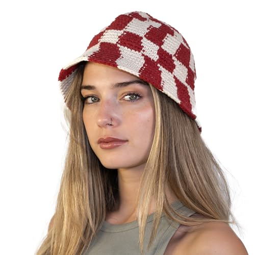 Tibetan Socks Handmade Cotton Checkered Crochet Bucket Hat Red/White