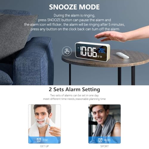 Miniatura 7 de Homvilla Reloj Despertador Digital Con Pantalla Led De Temperatura, Alarma De Espejo Portátil Con Alarma Doble Tiempo De Repetición 4 Niveles De Brillo Regulable 10 Música Despertadores Digitales