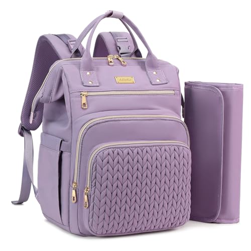 Image of AIJIEKE Large Diaper Bag Backpack, Extra Wide Travel Diaper Bag, Purple | ulti-functional waterproof maternity bag. Changing pad, stroller straps, insulated wet/dry pocket. Mom, dad, toddler travel
