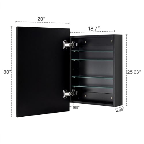 Image of TEHOME 20'' x 30'' Black Recessed and Surface Mount Bathroom Medicine Cabinet with Mirror Matt Black Square Cornered Metal Framed Rounded Rectangle Medicine Cabinet Mirror