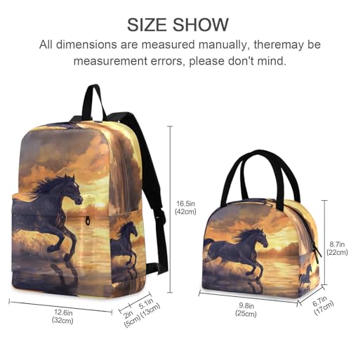 Horse in Lake Print Backpack Set with Lunch Bag, Large Capacity Travel Backpacks and Lunch Box Insulated for Commute Hiking Picnic2