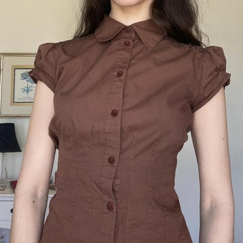 Image of Y2k Girls Vintage Coquette Button Down Shirt Women Short Sleeve V-Neck Slim Fitted T-Shirt Cute Blouse Crop Top