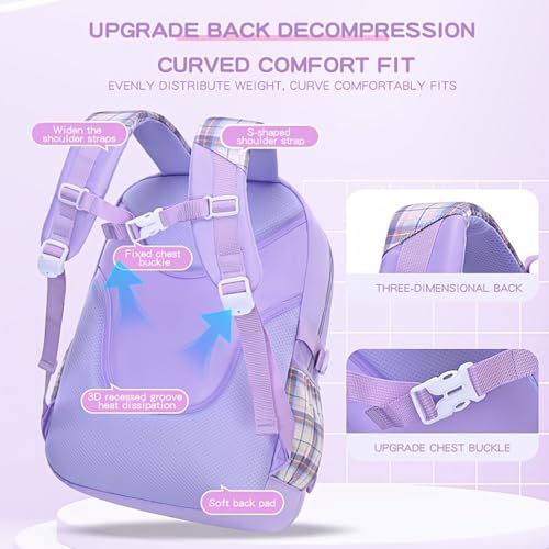 Kids Backpack for Girls Boys, 3Pcs Student Backpack with Lunch Box & Pencil Pouch - School Backpack Daisy Bag (Bowtie-PURPLE)3