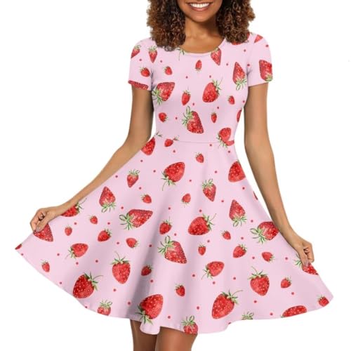 Allinterest Strawberry Dress Women Plus Size Round Neck Casual A-Line Dress for Travel Pink Cute Summer Short Sleeve Midi Dresses
