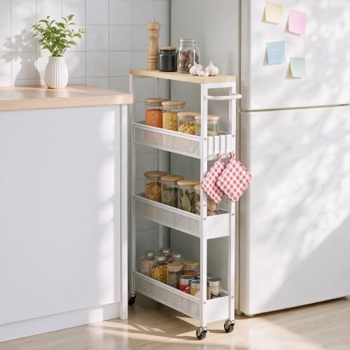 Extra‌ Slim Storage Cart on Wheels, 4 Tier Metal Narrow Rolling Cart with Handle and Wood Top, Multifunctional Small Mobile Shelf Unit Organizer Trolley for Laundry, Bathroom, Kitchen