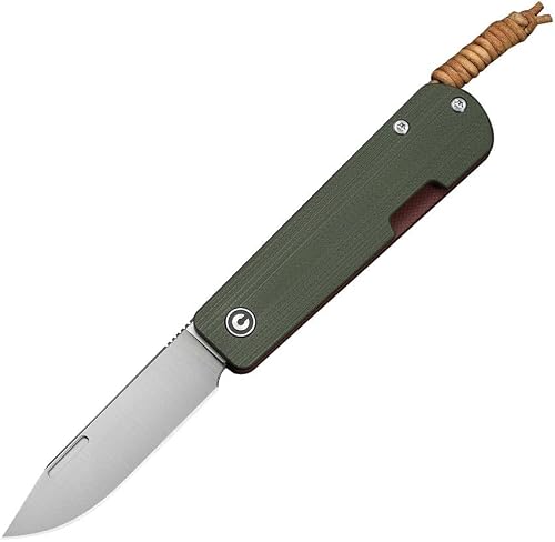 CIVIVI Slip Joint Knife: Milled Green & Red G10 Handle, 2.81 Satin Nitro-V Blade, Brown Leather Lanyard, Slippy Sendy Model C24075B-1