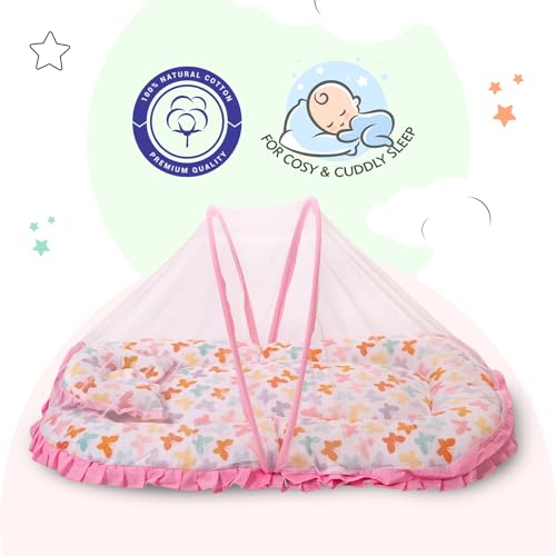 Image of Mee Mee Soft Bed Mattress Set | with Mosquito Net, Neck Pillow & Zip Closure | 100% Cotton Newborn Baby Bedding | with Attractive Butterfly Prints | for 0+ Months