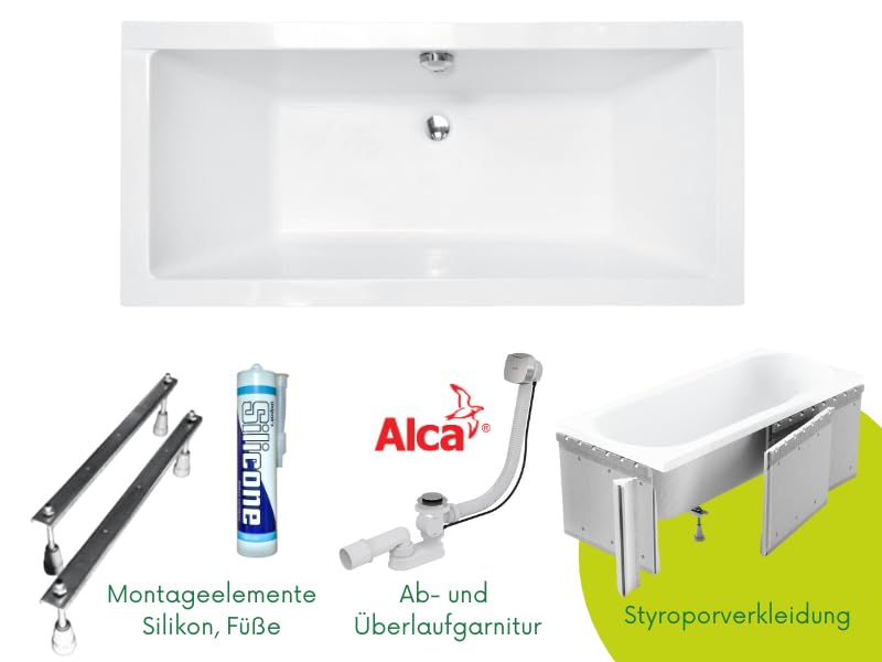 ECOLAM® Badewanne Wanne Rechteck Quadro Design Acryl weiß 190x90 cm + Styroporverkleidung zum Verfliesen + Ablaufgarnitur Ab- und Überlauf Automatik Füße Silikon Komplett-Set – Bild 4