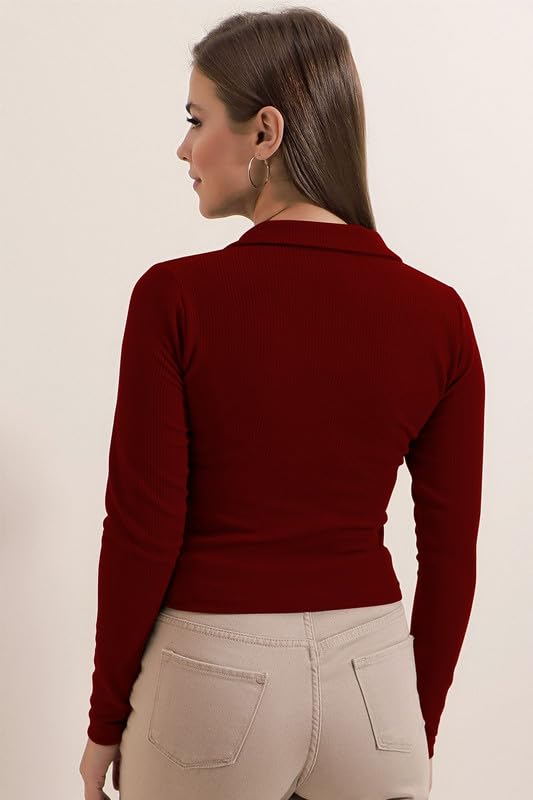 Image of Dream Beauty Fashion Women's Collared Neck Long Sleeve Slim Fit Casual Tee Top, 23 inch inches (Apple-01-P)