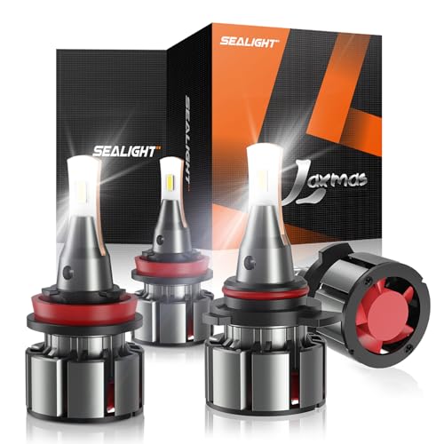 SEALIGHT 9005 H11 Bulbs Combo, 92000LM 800% Brightness 9005/HB3 High H11 High Low Beam Bulbs, 6000K Cool White with Silent Fan, IP68, 360° Adjustable, L2 Powersports Headlight Bulbs, Pack of 4 by SEALIGHT - Used condition - US$29.92