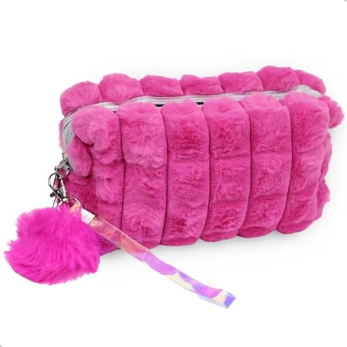 Estojo Organizador Escolar Necessaire de Pelucia Pelinho Com Pompom Rosa PInk