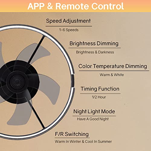 Black Ceiling Fan With Light - Modern Flush Mount Low Profile Ceiling Fans Timing App Remote Control, Smart Small Enclosed Reversible Dimmable Led Lighting Fan For Indoor Bedroom Living Room Kitchen #TOP3