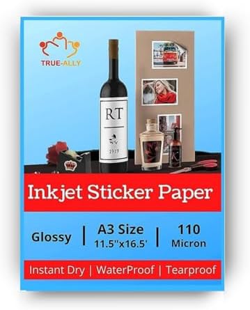 True-Ally A3 Size Glossy Self Adhesive Vinyl Sticker Photo Paper for Inkjet Printer (White) Waterproof, Dries Quickly, Tear Resistant DIY Sticker printing Art (A3-50 Sheets)