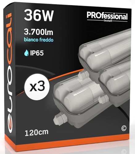 3x Plafoniere IP65 Impermeabile 36W Trasparente 3700 Lumen con 2 Tubi LED da 120cm - Luce Bianco Freddo 6500K - Fascio Luminoso 160° - Sostituzione Neon