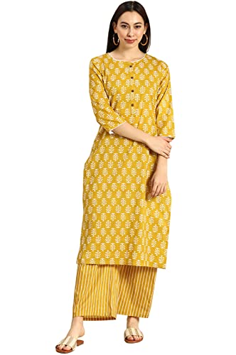 Dhruvi Women’s Yellow Colour Cotton Printed Kurta with Palazzo Set