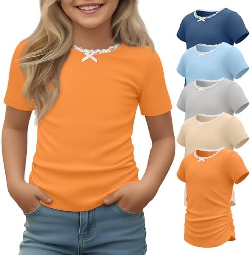 YooAurvox 5 Pack Girl's Lace Trim Tops, 5-Color, 9-10 Years