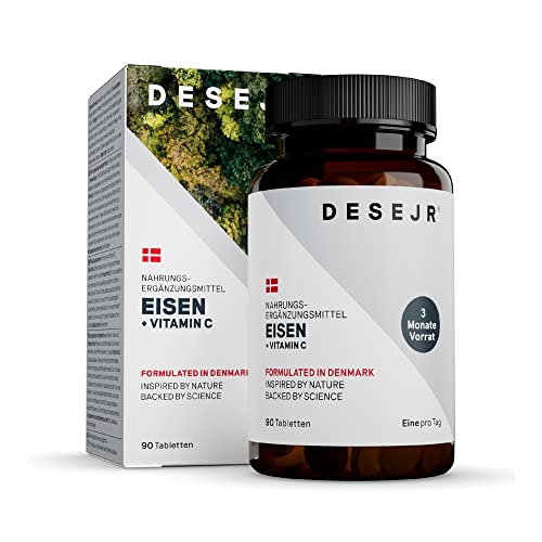 DESEJR Eisen + Vitamin C 90 Tabletten (3 Monate) - 14 mg Eisen Bisglycinat & Vitamin C aus Acerola-Extrakt - in Deutschland hergestellt, laborgeprüft, ohne Gentechnik, Vegan - 1 pro Tag Cover