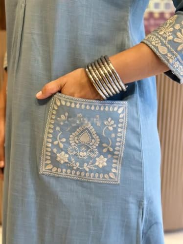 Image of Womens Cotton Slub 3 /4 Sleeves V Neck Co-Ord Set Featuring Floral Print Design On The Hem of The Sleeves and On The Pockets 2 Piece Ethnic Wear