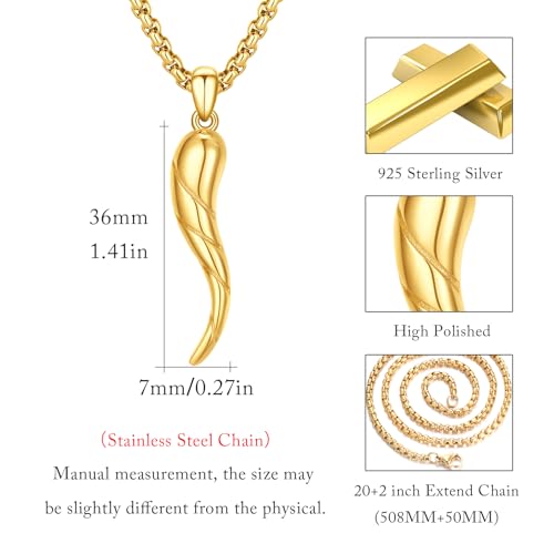 Italian Horn Necklace 925 Sterling Silver Cornicello Lucky Pendant Necklaces Jewelry for Men Women with 316L Stainless Steel Chain and Gifts Box4