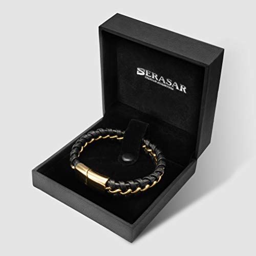 Serasar 8″ Gold Leather Bracelets For Men - Mens Bracelets Cowhide Gift-Box Braided Bracelet Stainless Steel Jewelry Wrist-Band Cuff Wrap Rope Bangle Dad Man Boy Pulseras Para Hombres Cuero Regalo #TOP5