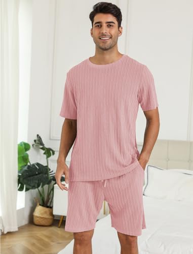 EISHOPEER Matching Pajamas for Mens Ribbed Knit Pajama Short Sleeve Soft Sleepwear 2 Pieces Set Pink4