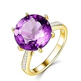 AMDXD Women's Birthday Ring, 18-Carat Gold Ring 750/1000 Brilliant Large Round Amethyst 6.24/4.1 ct, Gold, Circumference 47 mm to 65 mm (Birthday Gift), Gold, Amethyst