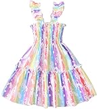 Girsl Unicorn Dresses Flutter Sleeve Tie Dye Shirred Sundress Toddler Princess Outfit Kids Tiered Rainbow Summer Dress 6-7 Years