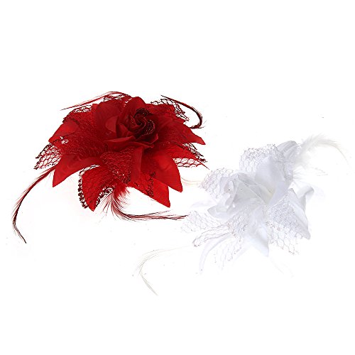 FACILLA® 2 PCS Feather Flower Corsage Brooch Hair Clip Wedding Fascinator Red White