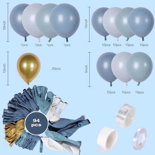 Image of Dusty Blue Balloon Arch Kit - Double-Stuffed Balloon Garland with Multiple Blue Shades, Pastel Teal for Baby Shower, Wedding, Birthday, Graduation and Gender Reveal Party Decorations