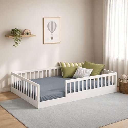 CADANI Timi Kinderbett 120x200 cm Bodenbett, Rausfallschutz abnehmbar, bis 200 kg belastbar, Roll-Lattenrost, Montessori Kiefer Massivholz Bett, 3 Aufbauvarianten, Umbaubar, Weiß