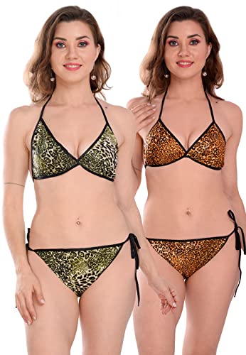 Image of Satin Animal Print Embellished Bikini Bra & Panty Lingerie Set for Women & Girls, Fits Well for Plus Size.