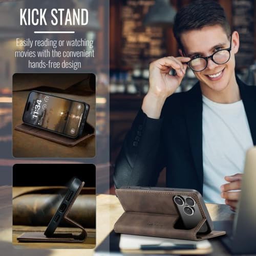 Étui iPhone 17 Pro housse protection cuir véritable marron café clapet aimanté