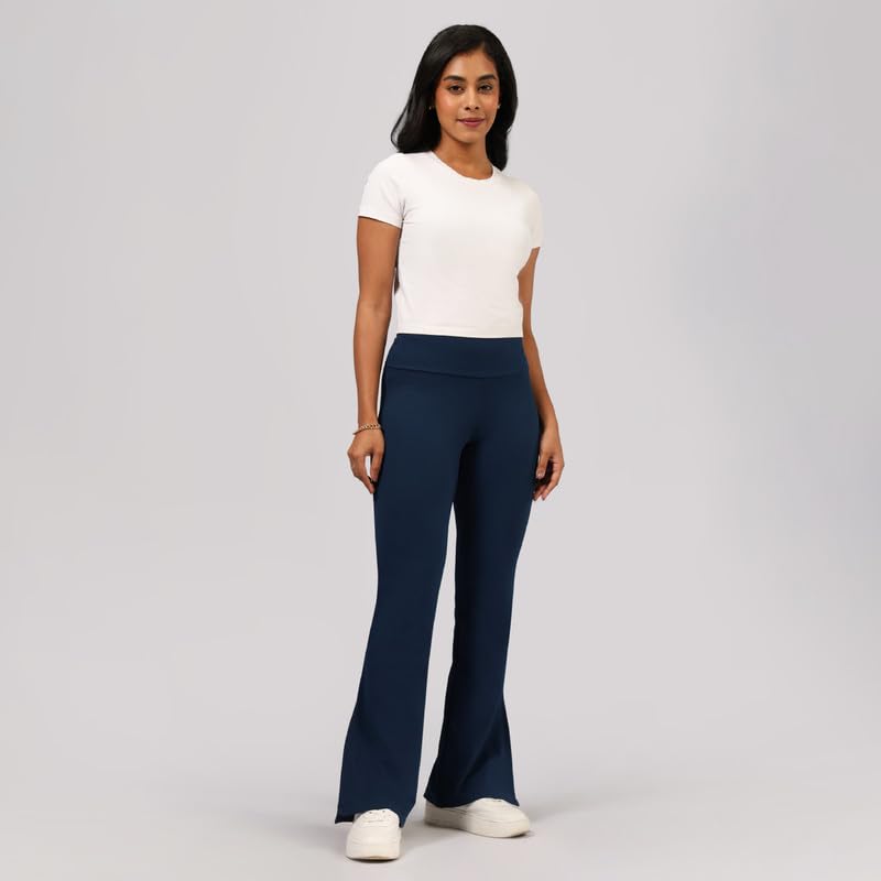 Image of BlissClub Women's Comfort Fit Mid Rise Ultimate Slit Flare Pants - Lite Tall |Above 5'5 | Stylish Slits | Stretchy | Comfortable | Back Pocket