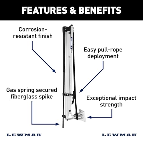 Image of Lewmar Vector 8' Manual Shallow Water Anchor, Pull Rope, White, 69600948 | No Hoses, Pumps or Wires, Gas-Spring Fiberglass Spike, Powder-Coated Aluminum, Flexible Mounting, Boats Up to 22' or 3,000 lb