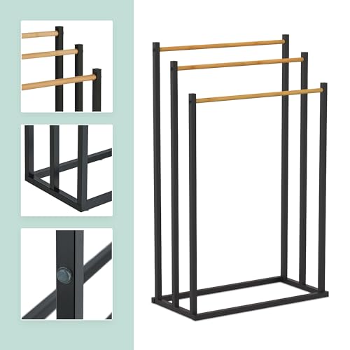 Relaxdays Toallero de pie, HBT: 76 x 45 x 21,5 cm, Metal, bambú, 3 Barras, baño, Negro/Natural - imagen 5