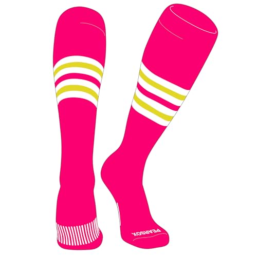 PEAR SOX Striped OTC Baseball, Softball, Football Socks (F) Hot Pink, White, Bright Yellow