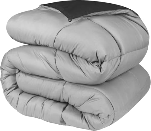 Superior Brushed Microfiber Comforter, Down Alternative Bedding, Medium Weight, Soft Bed Cover, Plush Duvet Insert, Oversized Blanket, Box Quilt, Reversible Comforter, Twin/Twin XL, Black/Grey