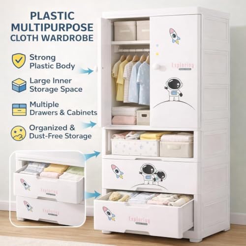 Image of Kids Plastic Collapsible Wardrobe Organizer for Storage with Drawers | Cute Cartoon Design | Heavy Duty Runner Rug Floor Mat Carpets Organizer Bedroom, Living Room (Starry-Sky, 1+3-Door)